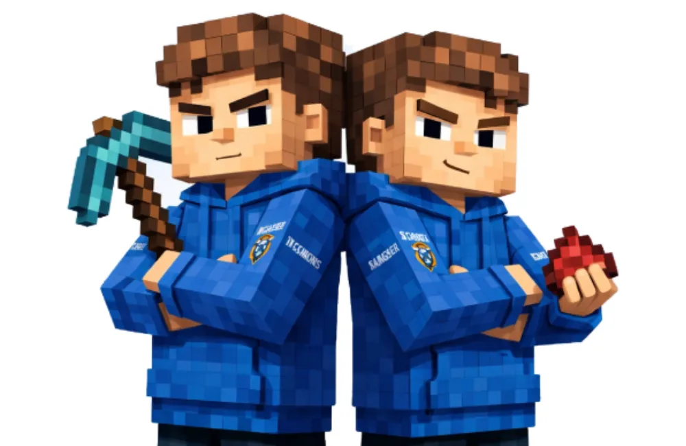 Dwie postacie w stylistyce Minecraft symbolizujące aktywnych użytkowników technologii