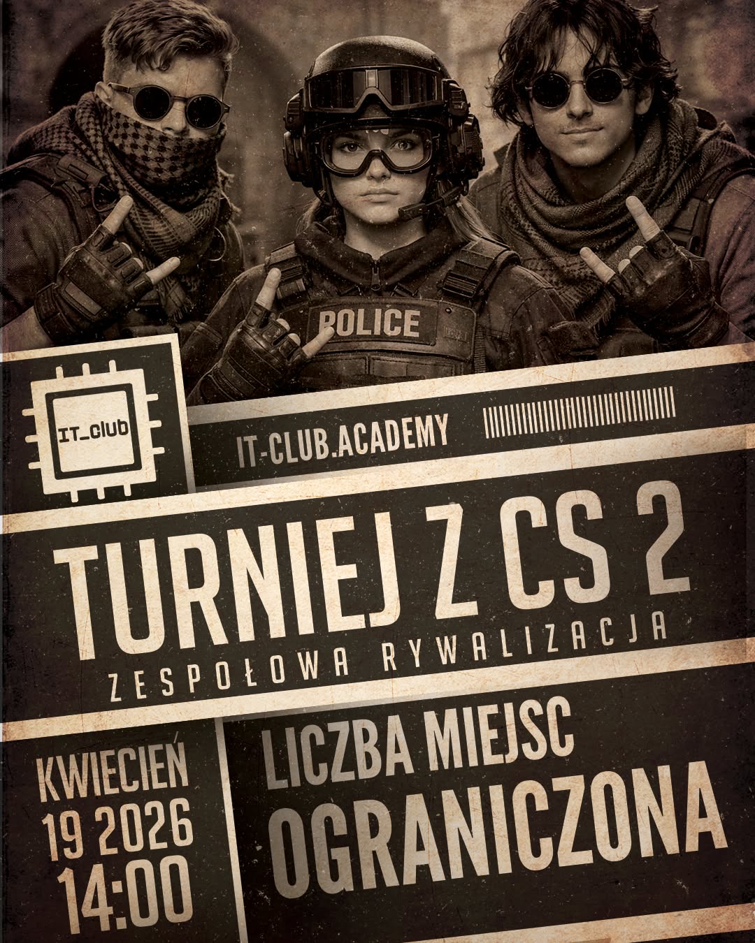 Tradycyjnie w&nbsp;IT-Club.Academy gramy w&nbsp;Counter-Strike 2! 🎮

To świetna okazja, by połączyć zabawę z&nbsp;nauką. To sposób na&nbsp;rozwijanie logicznego myślenia, refleksu i&nbsp;umiejętności działania pod&nbsp;presją.

👉🏻 Zamiast zabraniać dzieciom — gramy wspólnie, uczymy kultury gry i&nbsp;zasad fair play.

Przygotowaliśmy wydarzenie, na&nbsp;które nie tylko zapraszamy graczy, ale&nbsp;także widownię, która może kibicować wybranym drużynom. Ale&nbsp;mało tego – będziemy prowadzić relację wydarzenia na&nbsp;żywo, którą będzie można obejrzeć na&nbsp;YouTube. Komentatorami będą Mateusz Bielski oraz&nbsp;Aliaksei Nemahai – specjaliści i&nbsp;trenerzy It_Club!

Turniej to również szansa, by poznać nowych ludzi, wyładować emocje i&nbsp;nauczyć się współpracy. Zapraszamy!

📆 19.04.2026
🕰️ 14:00
📍 IT-Club Academy, Białystok – Legionowa 14/16 lok. 102

#itclubacademy #IT_Club #it_club #Edukacja #Białystok #programowaniedladzieci  #Informatyka #kursydladzieci #counterstrike #CS2