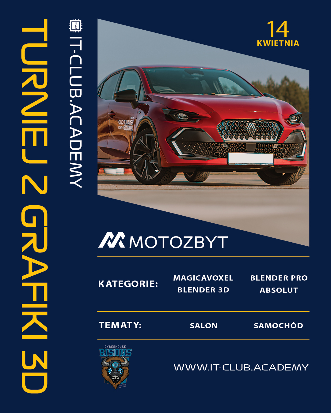 It-Club.Academy oraz&nbsp;Renault Motozbyt Białystok @renault_bialystok_motozbyt ponownie organizują Turniej Grafiki 3D dla&nbsp;uczniów klubu, który rozpoczyna się już jutro!

Zadaniem uczniów z&nbsp;kursu Grafika komputerowa będzie przenieść salon do&nbsp;trójwymiarowego świata w&nbsp;programie MagicaVoxel, a&nbsp;uczniów z&nbsp;kursu Grafika 3D i&nbsp;Modelowanie wykonają projekt salonu w&nbsp;programie Blener.

Przed uczniami z&nbsp;kursu Zaawansowane Modelowanie 3D zadanie odwzorowania najlepszego modelu samochodu, wraz z&nbsp;wnętrzem. W&nbsp;tym roku, jako nowość, ogłaszamy czwartą kategorię - Absolut - w&nbsp;której mogą uczestniczyć uczniowie, którzy nie uczestniczą na&nbsp;kursach graficznych i&nbsp;chcieliby spróbować swoich sił w&nbsp;modelowaniu 3D. W&nbsp;tym przypadku tematyka jest zupełnie inna. Zadaniem jest projekt koncepcyjnego parku naukowego It_Club. W&nbsp;składzie jury zasiądą:
🔹 Aliaksandr Busel – Założyciel It-Club.Academy oraz&nbsp;MaratHabitat @marathabitat, doświadczony przedsiębiorca oraz&nbsp;inwestor Start-upów młodych wizjonerów i&nbsp;pionierów
🔹 Anna Volskaya – Współzałożycielka It-Club.Academy oraz&nbsp;MaratHabitat, doświadczona specjalistka w&nbsp;tworzeniu brandu i&nbsp;jego strategii brandingowej, identyfikacji wizualnej oraz&nbsp;kształtowania kultury organizacyjnej
🔹 Aliaksei Nemahai – Współzałożyciel MaratHabitat, doświadczony programista i&nbsp;automatyk, twórca profesjonalnych stron internetowych i&nbsp;gier oraz&nbsp;ceniony nauczyciel w&nbsp;zakresie IT, programowania oraz&nbsp;robotyki
🔹 Adam Czaczkowski – Prezes Zarządu Motozbyt Białystok
🔹 Beata Jurczak-Czaczkowska – Zastępca Dyrektora Koncesji Renault i&nbsp;Dacia
🔹 Kinga Młynarczyk, Doradca Handlowy Renault Motozbyt Białystok

Uroczyste podsumowanie turnieju oraz&nbsp;wręczenie nagród odbędzie się w&nbsp;drugiej połowie maja w&nbsp;Salonie Renault Motozbyt Białystok. Koniecznie bądźcie z&nbsp;nami!

😎 To dla&nbsp;naszych uczniów nie tylko ciekawa odskocznia od codziennych zajęć, ale&nbsp;przede wszystkim szansa na&nbsp;sprawdzenie i&nbsp;doskonalenie umiejętności nabywanych w&nbsp;It-Club Academy.

👉🏻 Wynikami turnieju podzielimy się również w&nbsp;naszych mediach! Śledźcie nas na&nbsp;bieżąco!

#itclubacademy #grafika3d #MagicalVoxel #Edukacja #Białystok #grafikakomputerowa #grafikkomputerowy #Informatyka #kursydladzieci